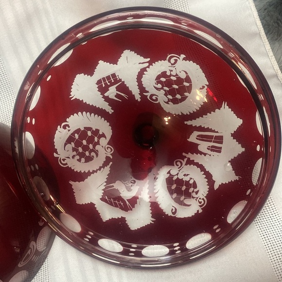 Vintage Bohemian  Red Glass Cut To Clear Candy Dish
W/lid - Picture 6 of 16